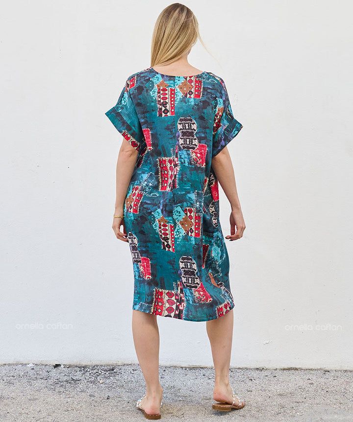 Robe Courte à Poches – Imprimé Abstrait Turquoise