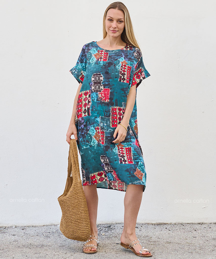 Robe Courte à Poches – Imprimé Abstrait Turquoise