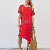 Robe Courte à Poches – Imprimé Ethnique Rouge