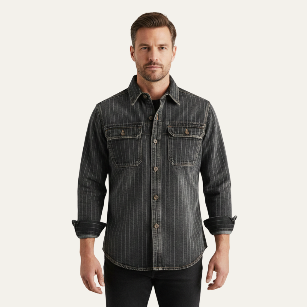 La Veste Chemise en Jean à Rayures Verticales Vintage Lavée Oakcrest pour Homme – Bleu Foncé