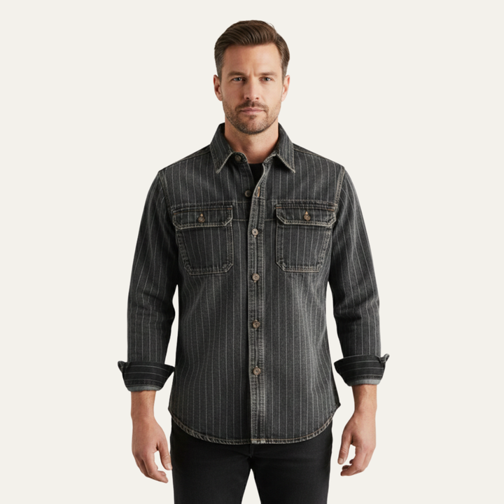 La Veste Chemise en Jean à Rayures Verticales Vintage Lavée Oakcrest pour Homme – Bleu Foncé