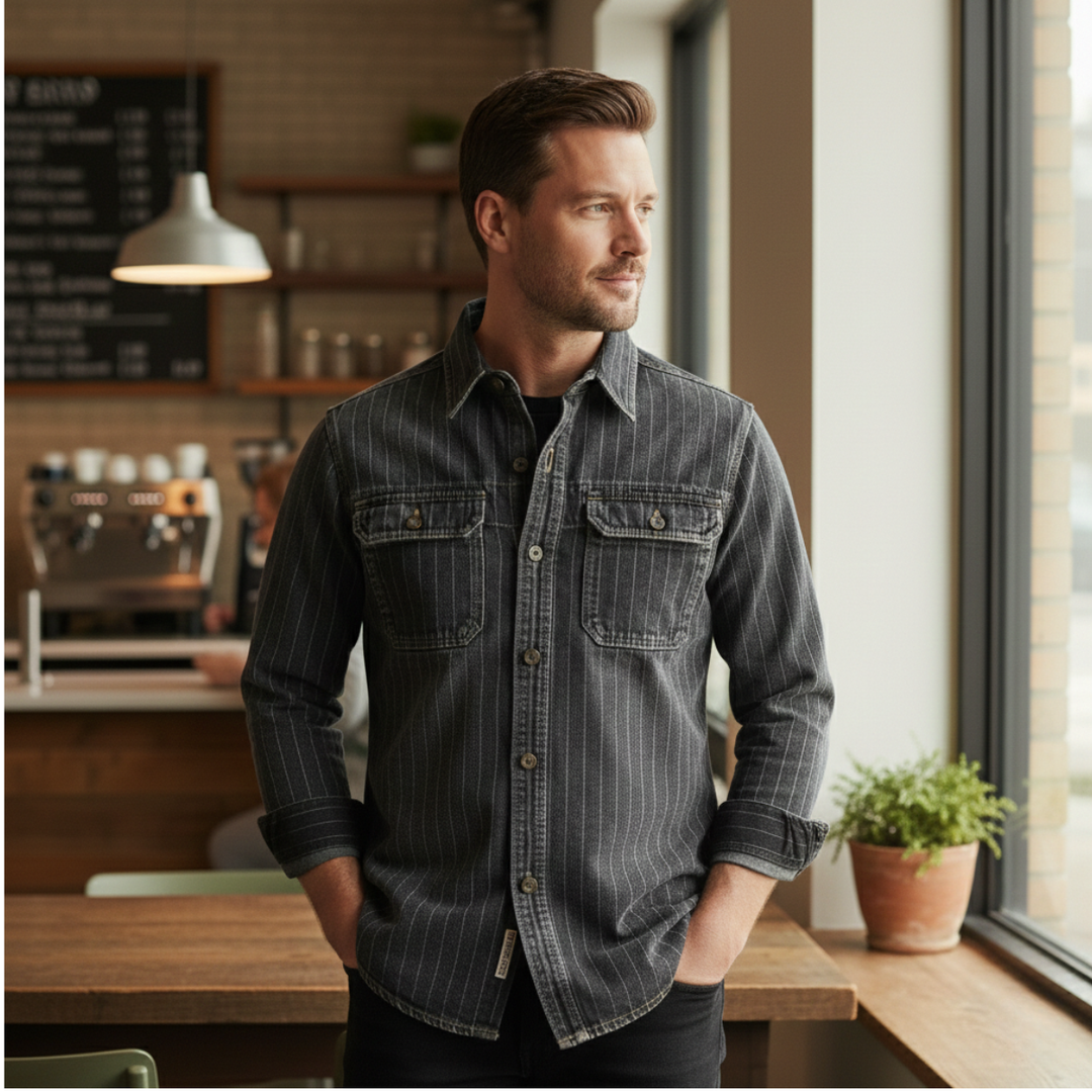 La Veste Chemise en Jean à Rayures Verticales Vintage Lavée Oakcrest pour Homme – Bleu Foncé