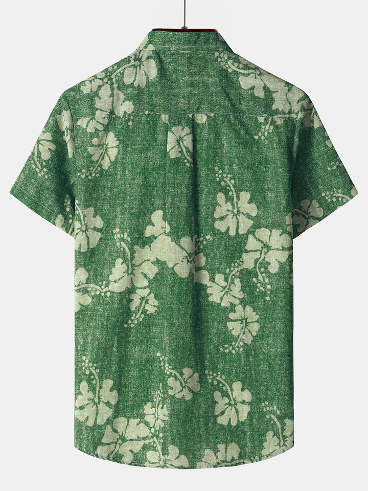 Chemise à manches courtes boutonnée verte avec poche hawaïenne florale pour hommes
