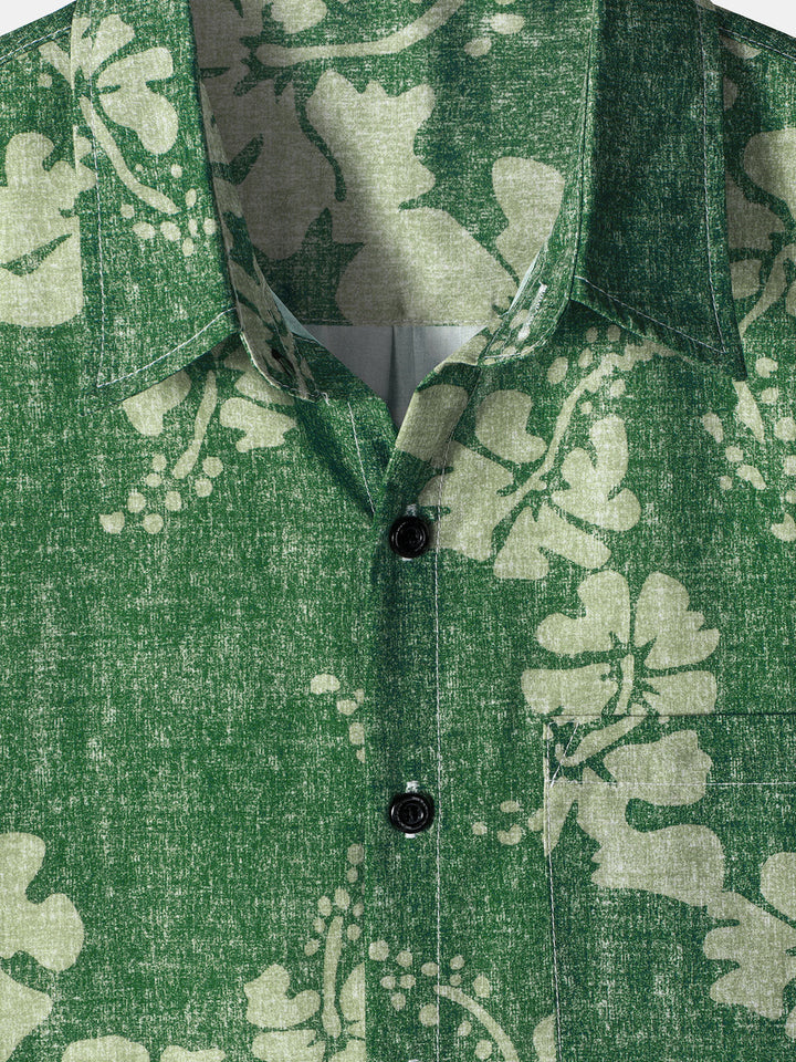 Chemise à manches courtes boutonnée verte avec poche hawaïenne florale pour hommes