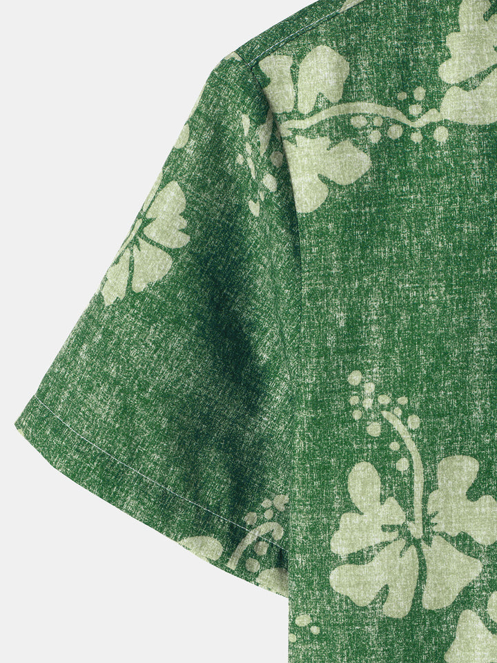 Chemise à manches courtes boutonnée verte avec poche hawaïenne florale pour hommes