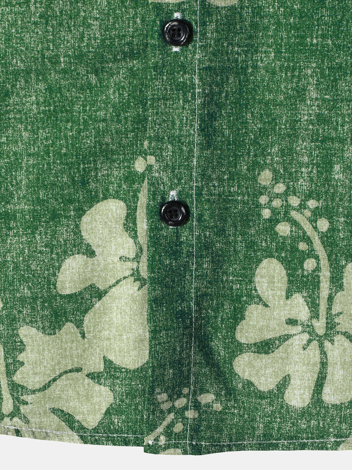 Chemise à manches courtes boutonnée verte avec poche hawaïenne florale pour hommes