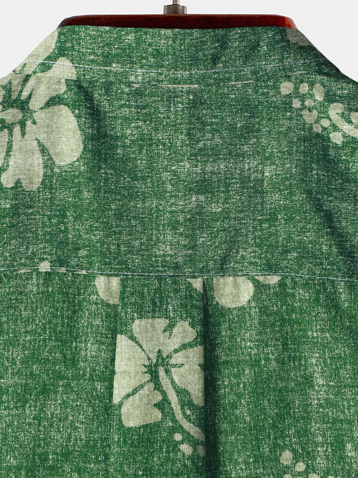 Chemise à manches courtes boutonnée verte avec poche hawaïenne florale pour hommes