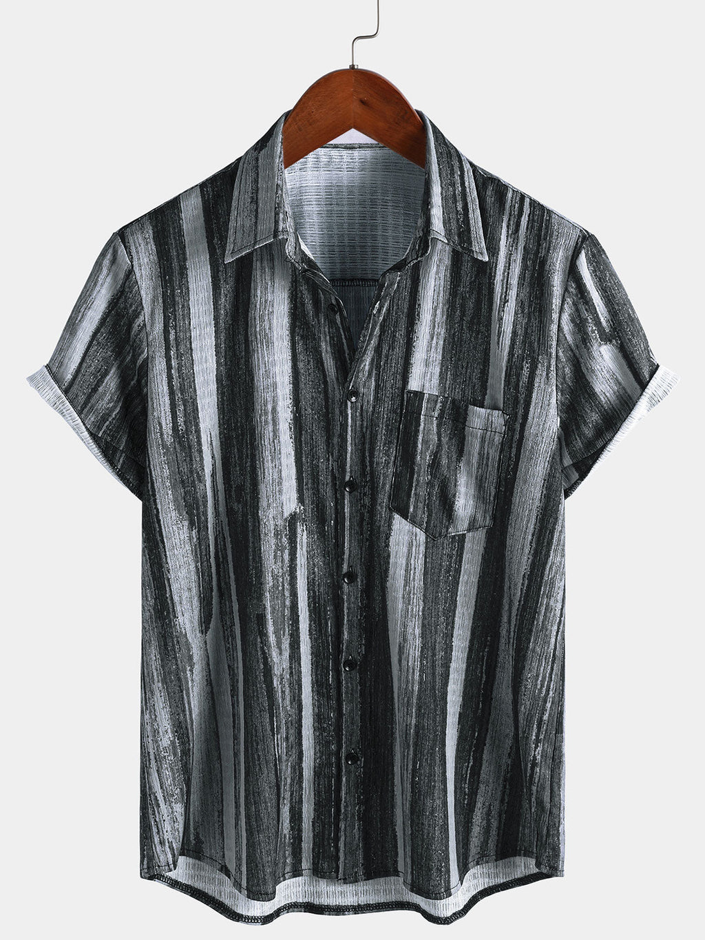 Chemise Hawaïenne Vintage Noire à Rayures pour Homme à Manches Courtes avec Boutons