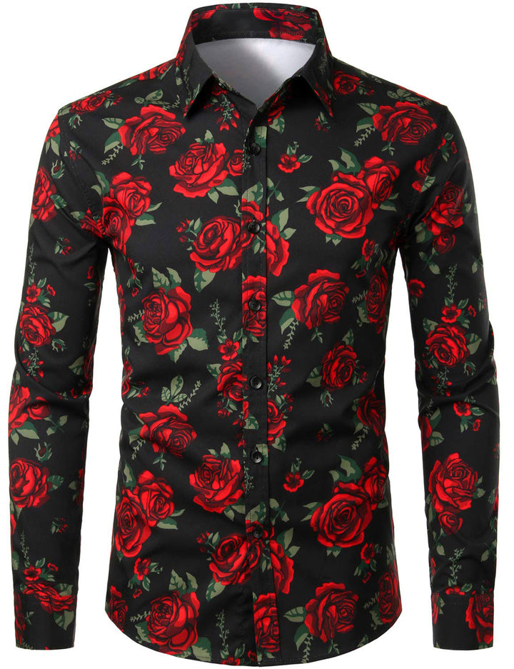 Chemise boutonnée décontractée à manches longues pour hommes, motif rose et noir