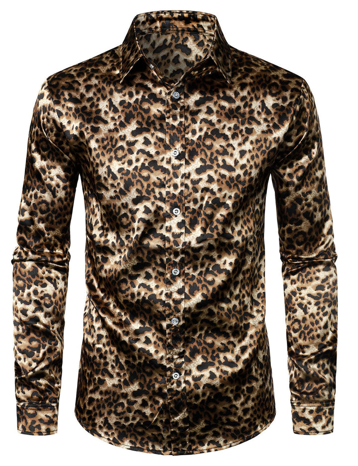 Chemise boutonnée à manches longues marron à imprimé léopard rétro pour homme