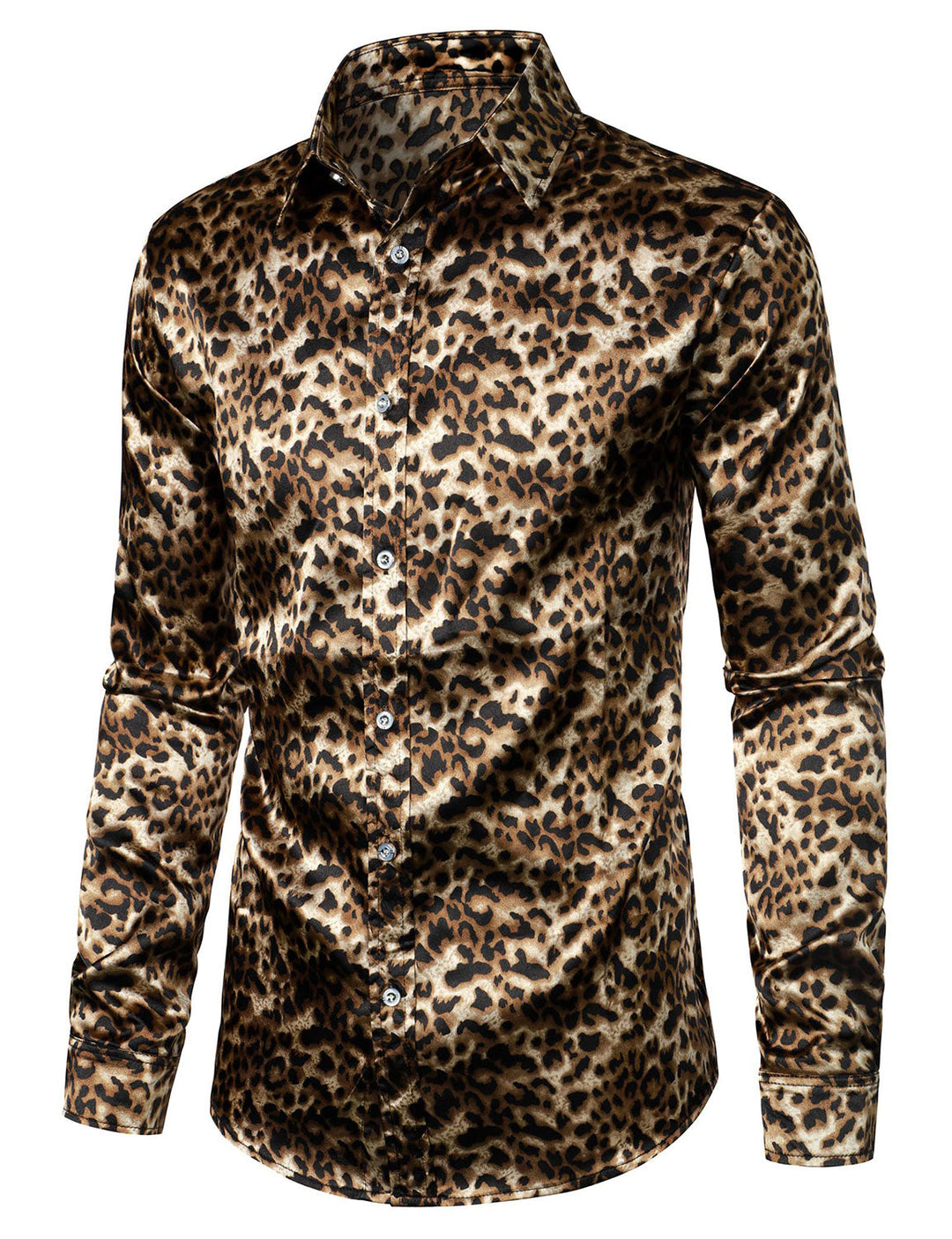 Chemise boutonnée à manches longues marron à imprimé léopard rétro pour homme