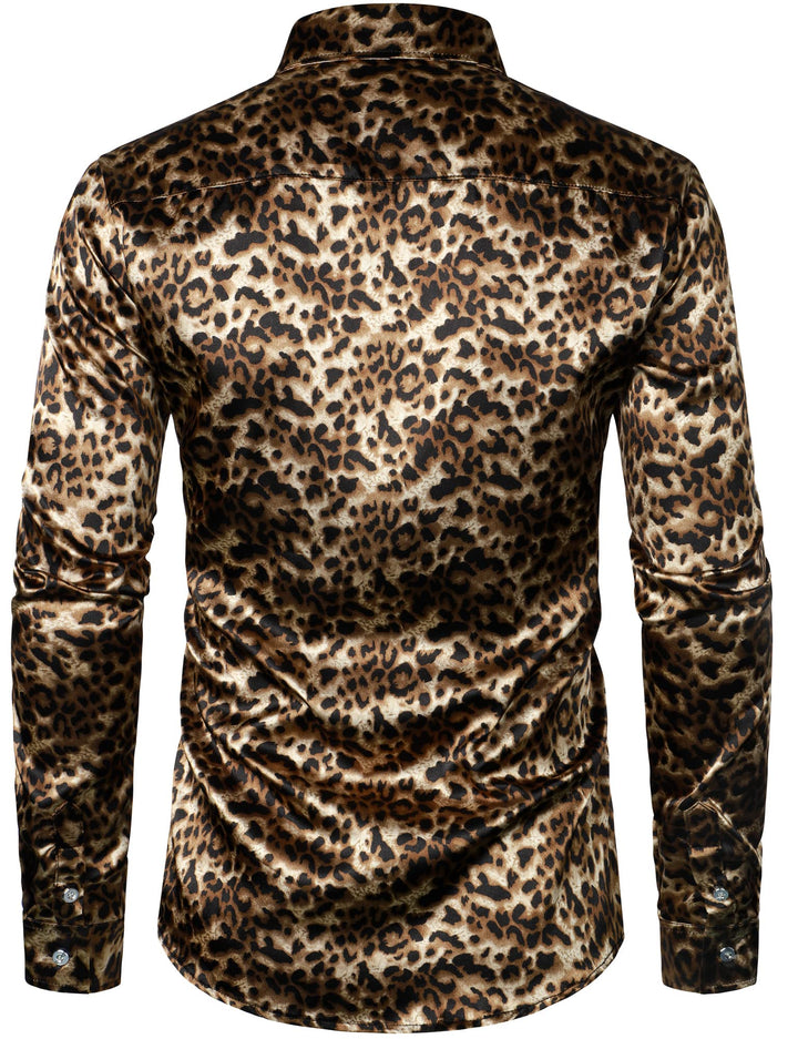 Chemise boutonnée à manches longues marron à imprimé léopard rétro pour homme