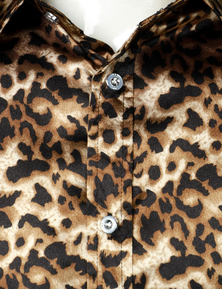Chemise boutonnée à manches longues marron à imprimé léopard rétro pour homme