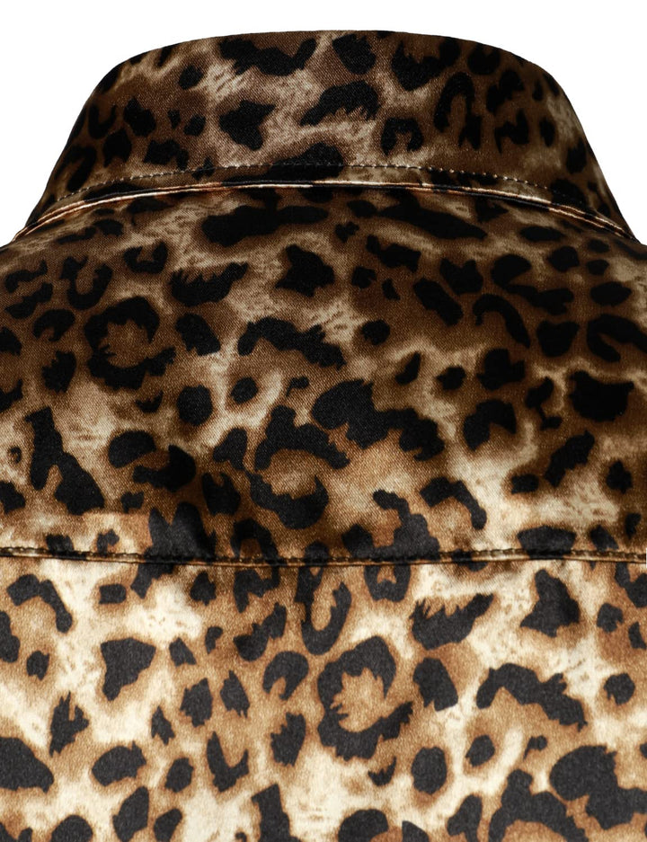 Chemise boutonnée à manches longues marron à imprimé léopard rétro pour homme
