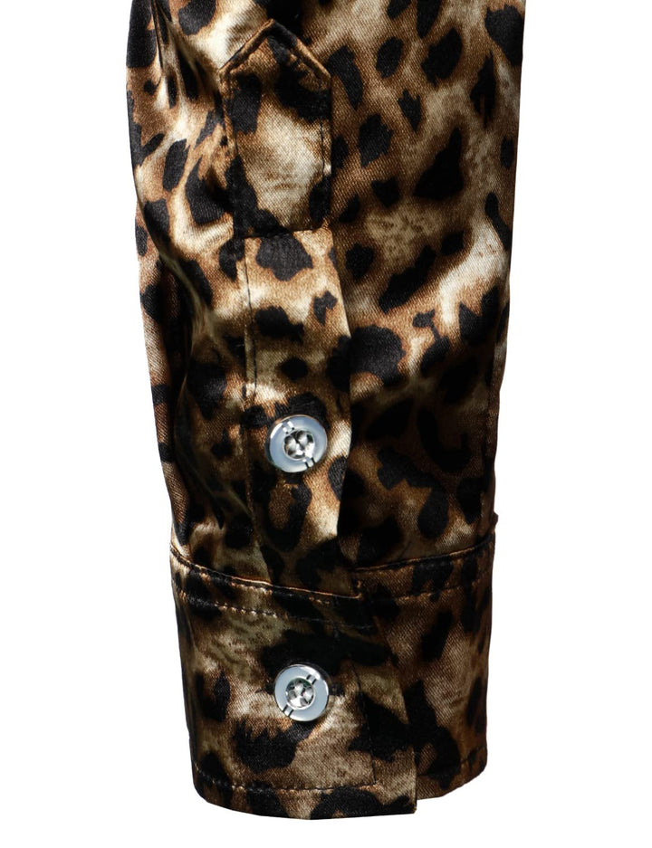 Chemise boutonnée à manches longues marron à imprimé léopard rétro pour homme