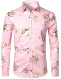 Chemise décontractée à manches longues et boutons pour homme, imprimé floral rose