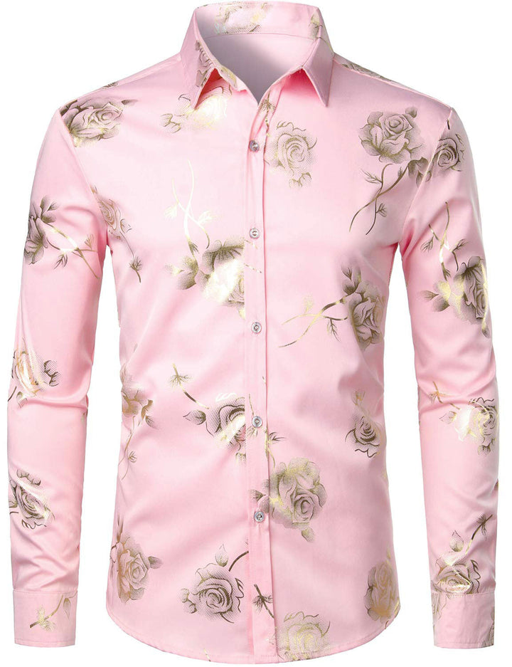 Chemise décontractée à manches longues et boutons pour homme, imprimé floral rose