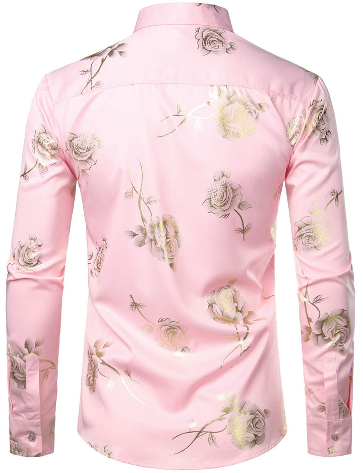 Chemise décontractée à manches longues et boutons pour homme, imprimé floral rose