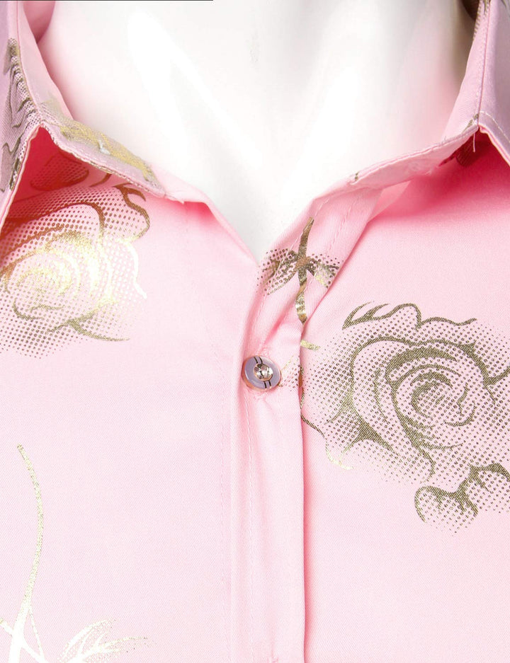 Chemise décontractée à manches longues et boutons pour homme, imprimé floral rose