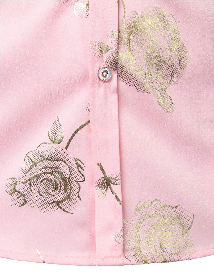 Chemise décontractée à manches longues et boutons pour homme, imprimé floral rose