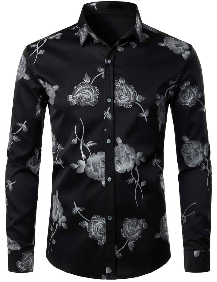 Chemise boutonnée décontractée à manches longues et imprimé floral rose pour hommes