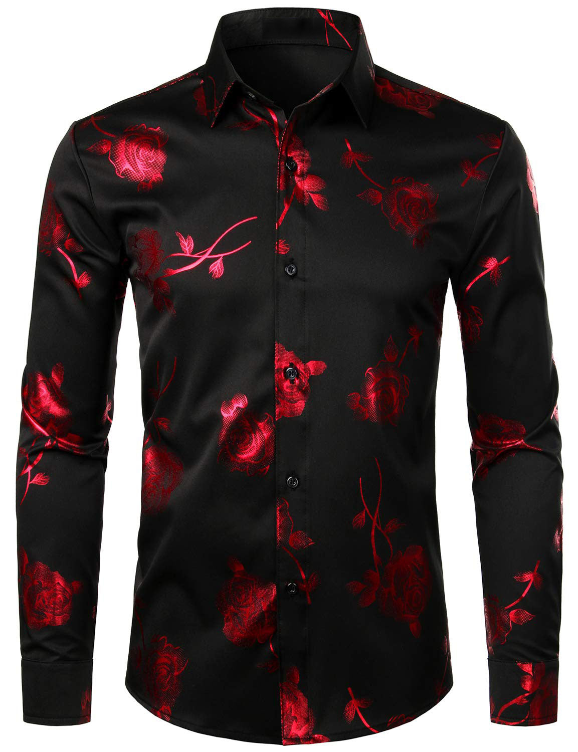 Chemise boutonnée à manches longues et imprimé floral rose rouge pour homme