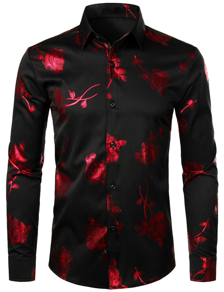 Chemise boutonnée à manches longues et imprimé floral rose rouge pour homme