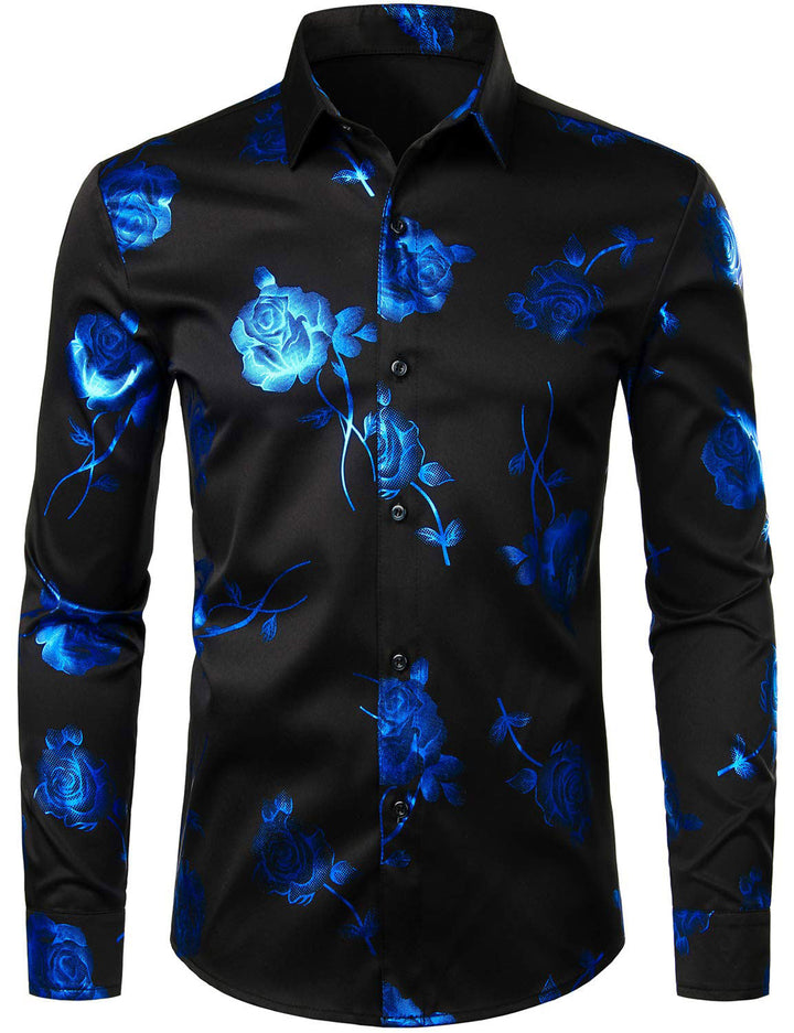 Chemise boutonnée à manches longues et imprimé floral bleu rose pour homme