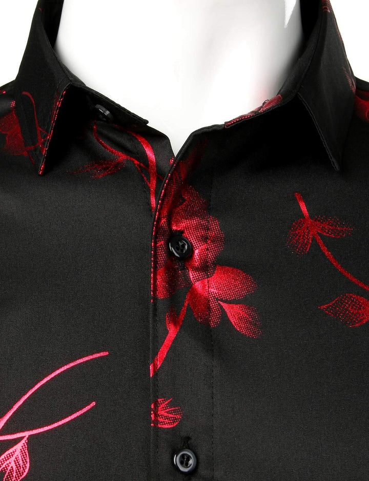 Chemise boutonnée à manches longues et imprimé floral rose rouge pour homme