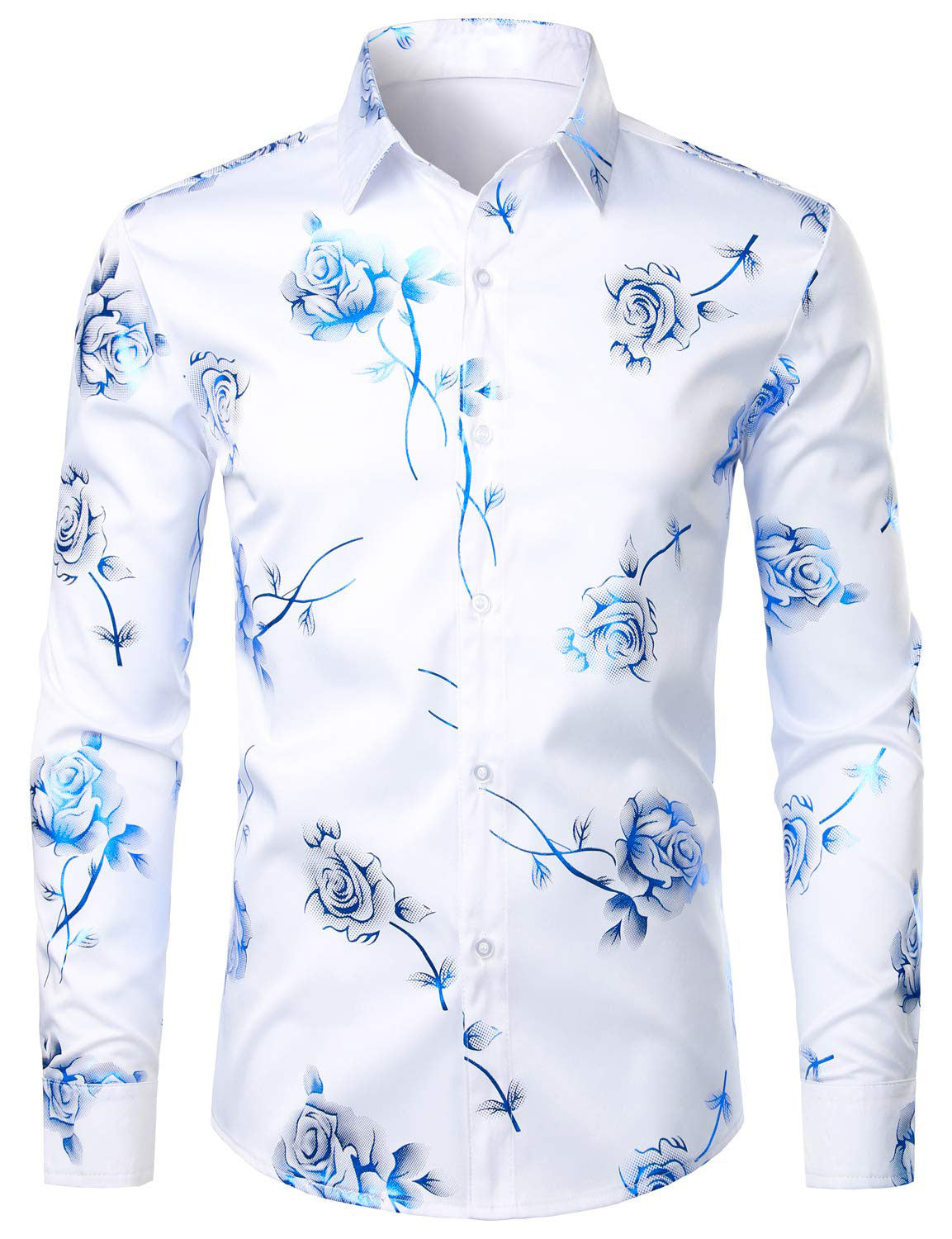 Chemise boutonnée à manches longues et imprimé floral bleu rose pour homme