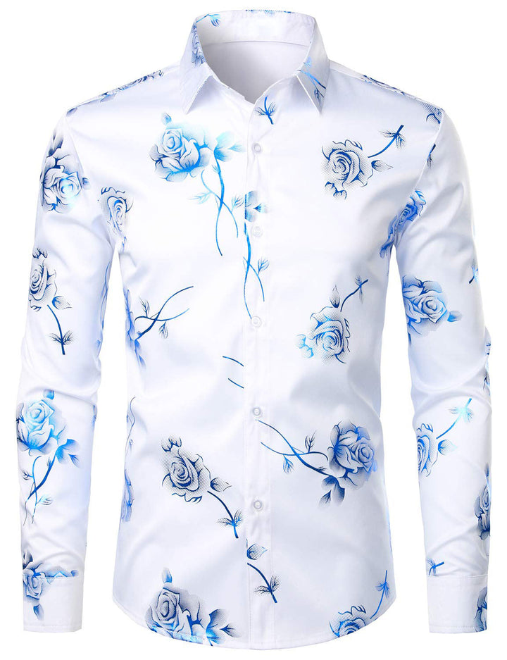 Chemise boutonnée à manches longues et imprimé floral bleu rose pour homme
