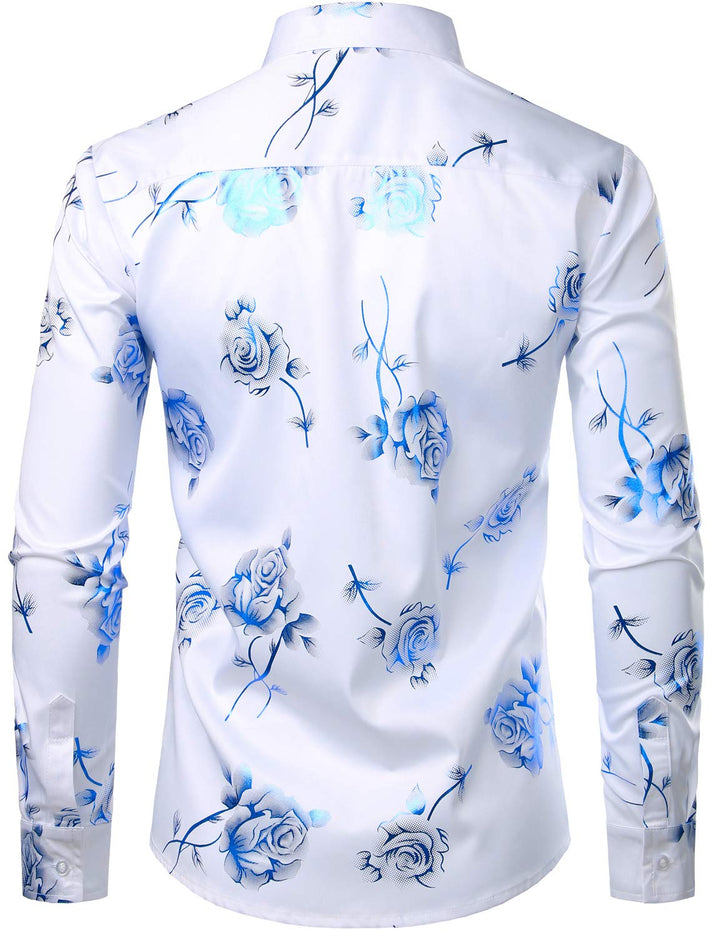 Chemise boutonnée à manches longues et imprimé floral bleu rose pour homme