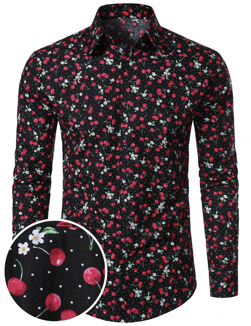 Chemise à manches longues en coton respirant à imprimé cerises pour homme, noire
