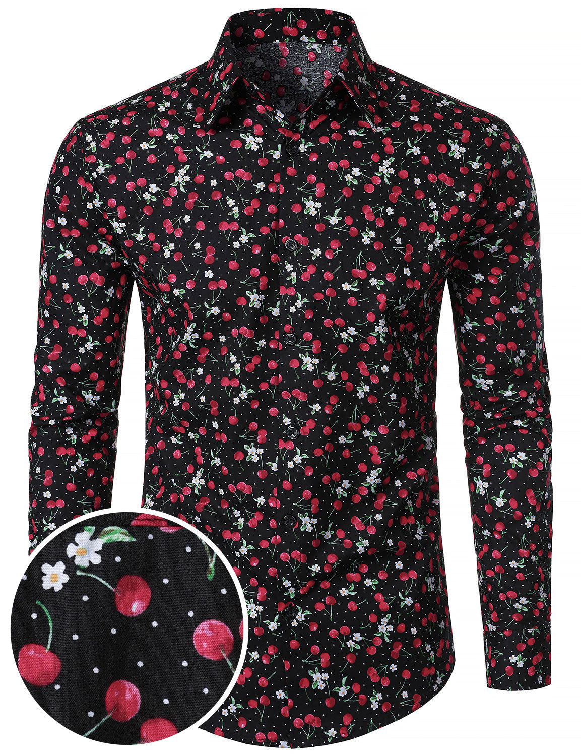 Chemise à manches longues en coton respirant à imprimé cerises pour homme, noire