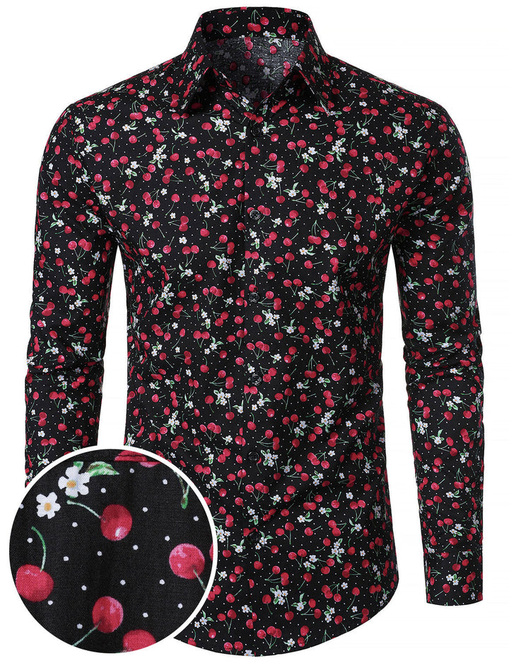 Chemise à manches longues en coton respirant à imprimé cerises pour homme, noire