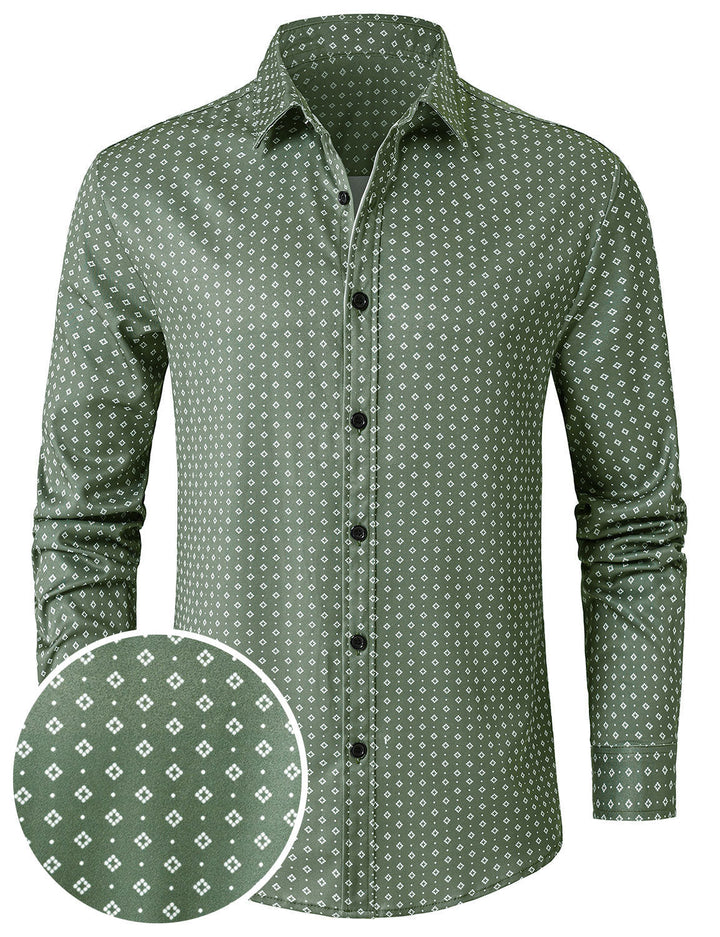 Chemise à manches longues verte à imprimé géométrique rétro pour homme