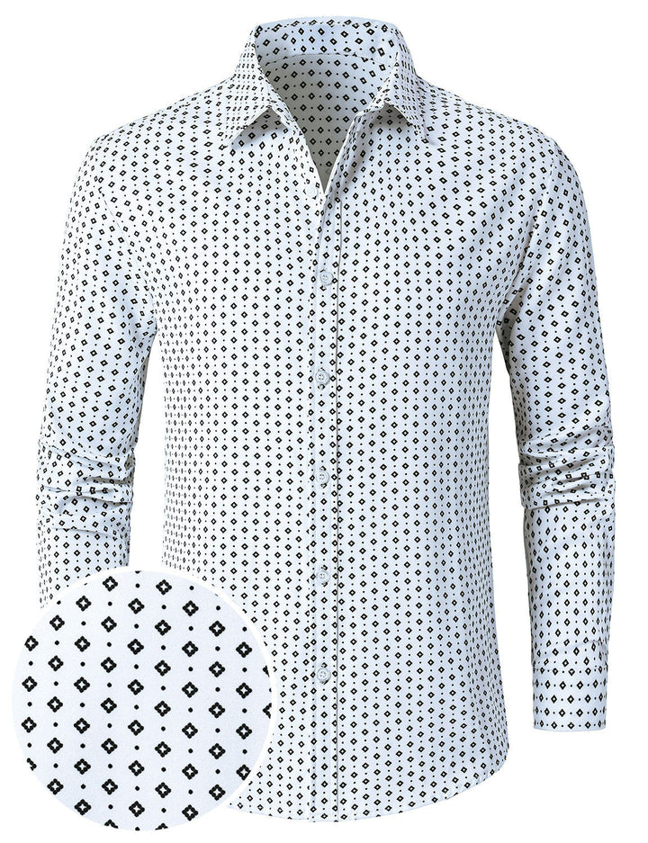 Chemise blanche à manches longues et imprimé géométrique rétro pour homme