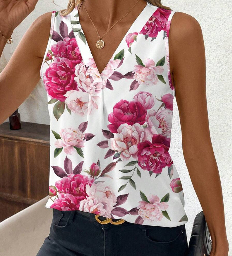 Une Blouse Sleeveless au Col V avec Impression de Roses