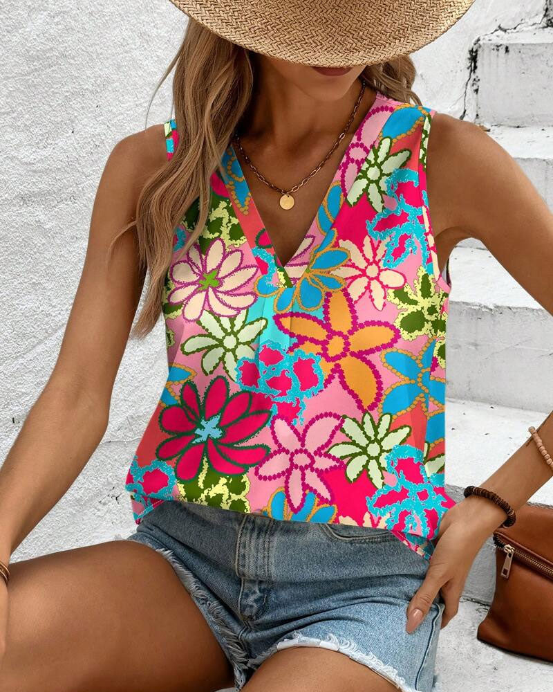 Gilet Col V Imprimé Fleuri Sans Manches