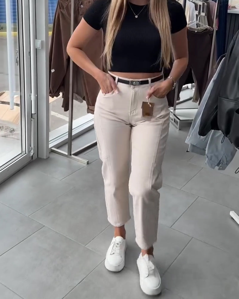 Pantalon Taille Haute Décontracté Jambe Droite