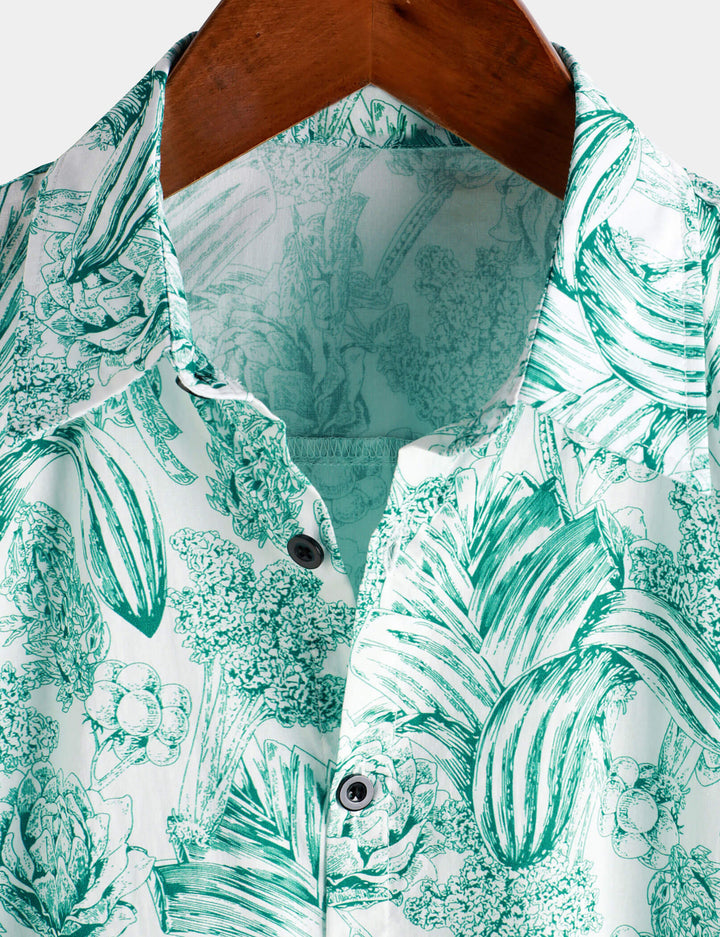 Chemises hawaïennes à manches courtes et boutons pour hommes, 100% coton, motif floral vert