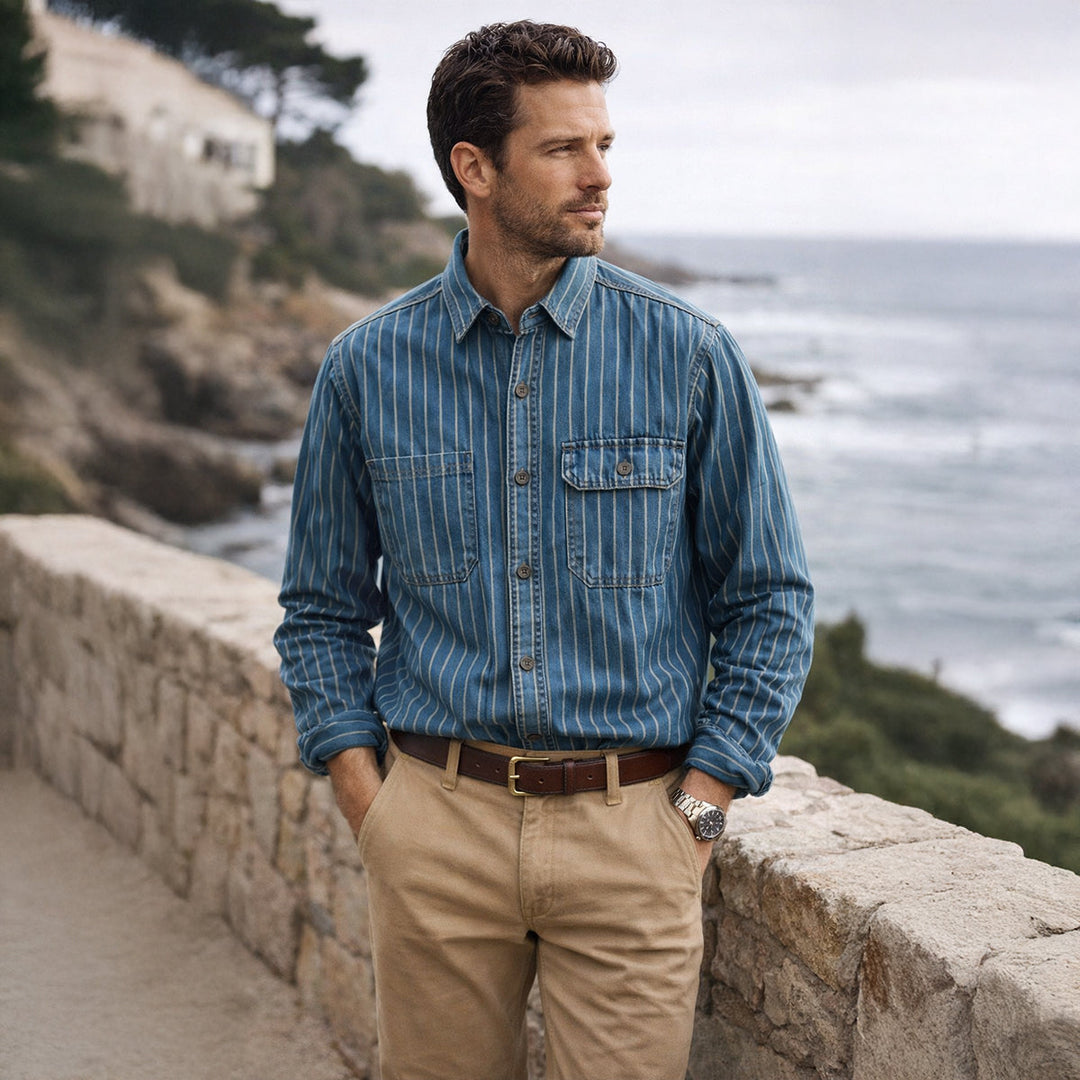 La chemise veste en denim à rayures verticales vintage lavée Oakcrest pour hommes – Bleu