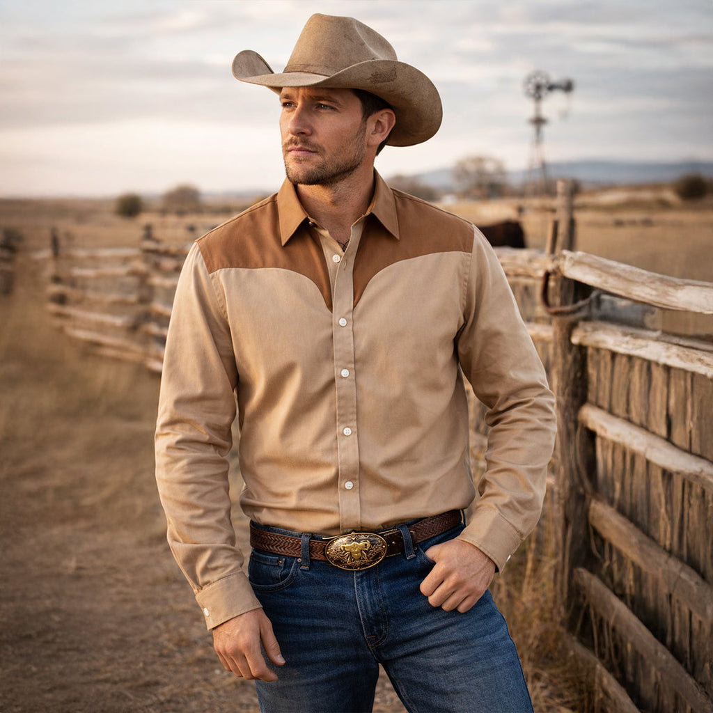 La chemise en denim rétro western à patchwork bicolore pour homme Brookcrest
