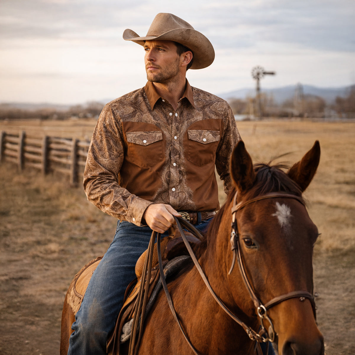 La chemise en denim rétro western à patchwork bicolore pour homme Brookcrest