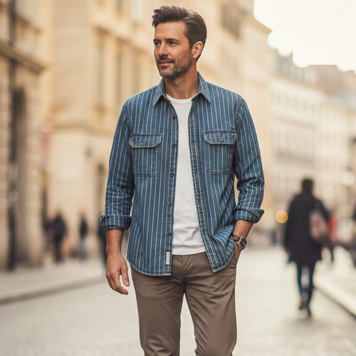 La chemise veste en denim à rayures verticales vintage lavée Oakcrest pour hommes – Bleu