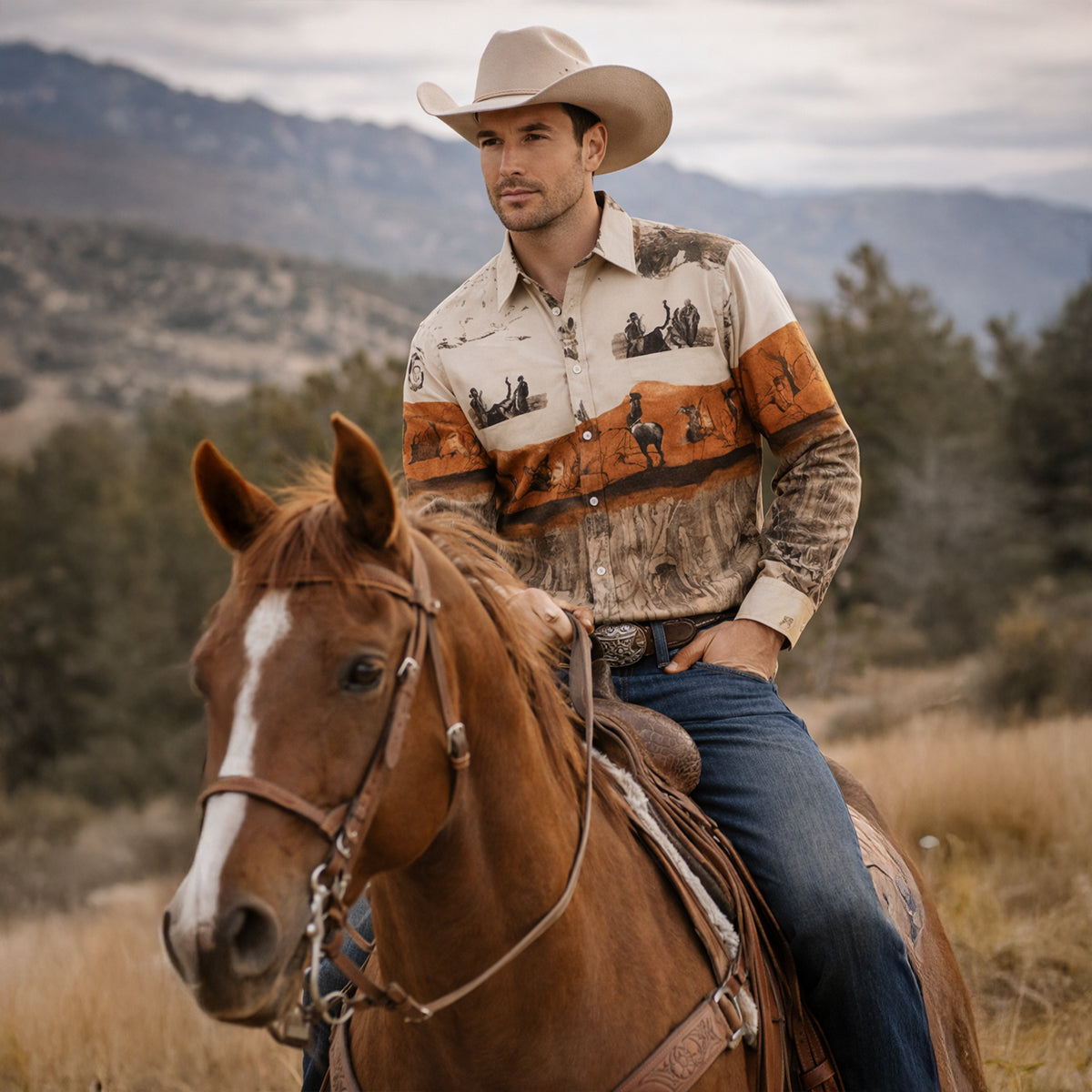 La chemise en denim tendance western à patchwork bicolore pour hommes Linfield