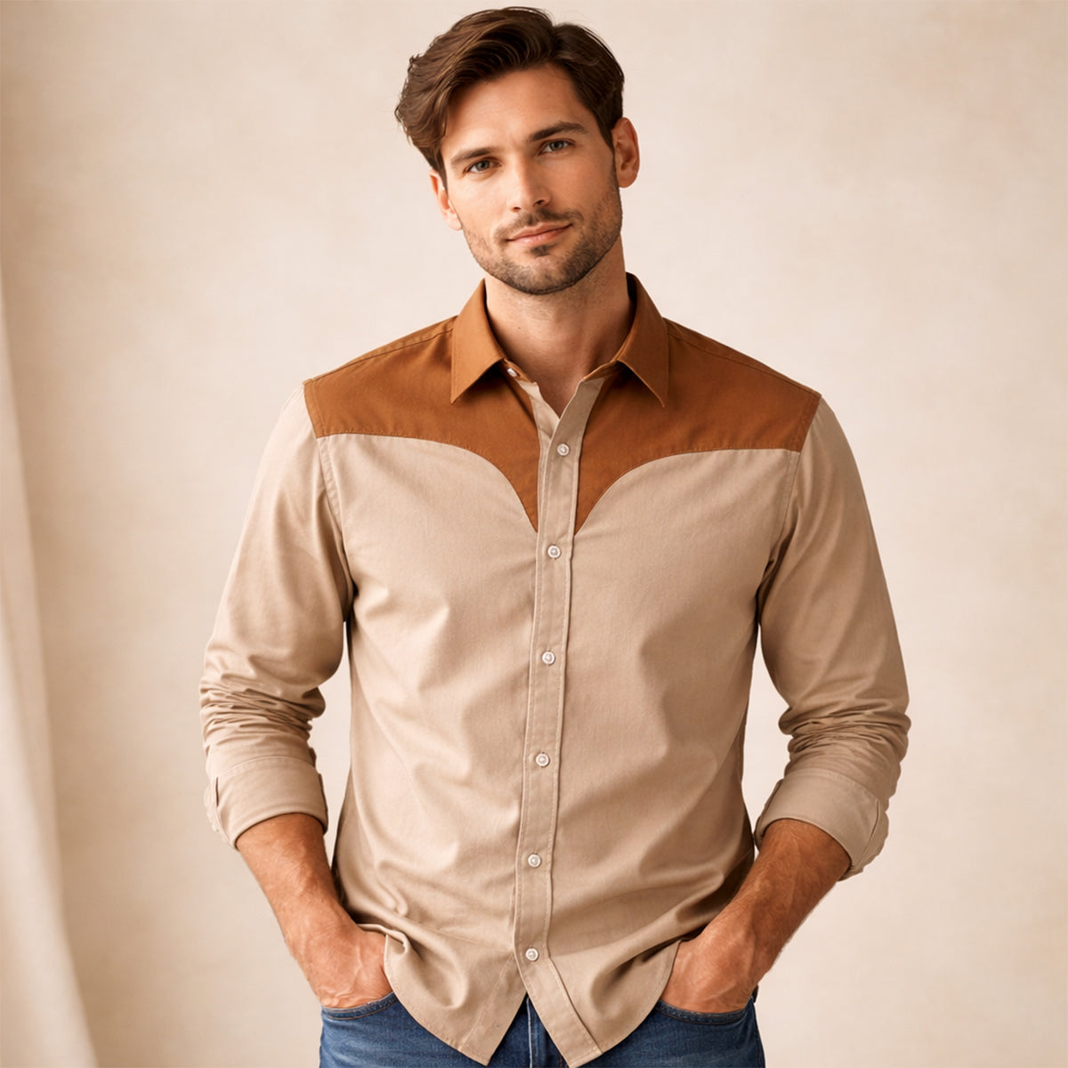 La chemise en denim rétro western à patchwork bicolore pour homme Brookcrest