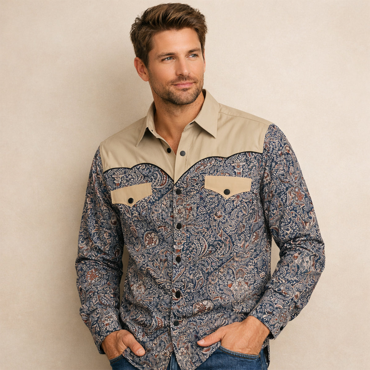 Chemise en denim douce à patchwork bicolore pour hommes Huntley