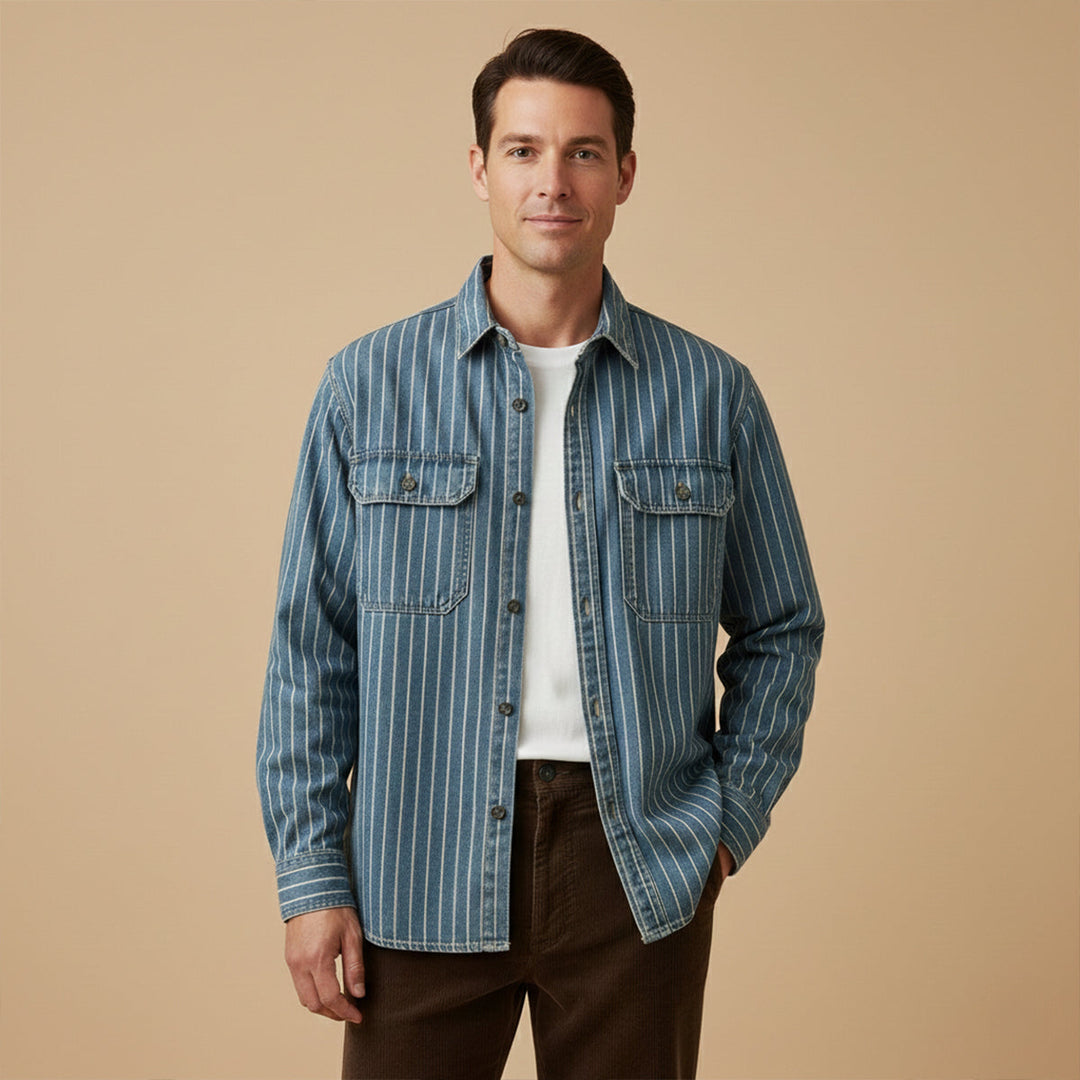 La chemise veste en denim à rayures verticales vintage lavée Oakcrest pour hommes – Bleu