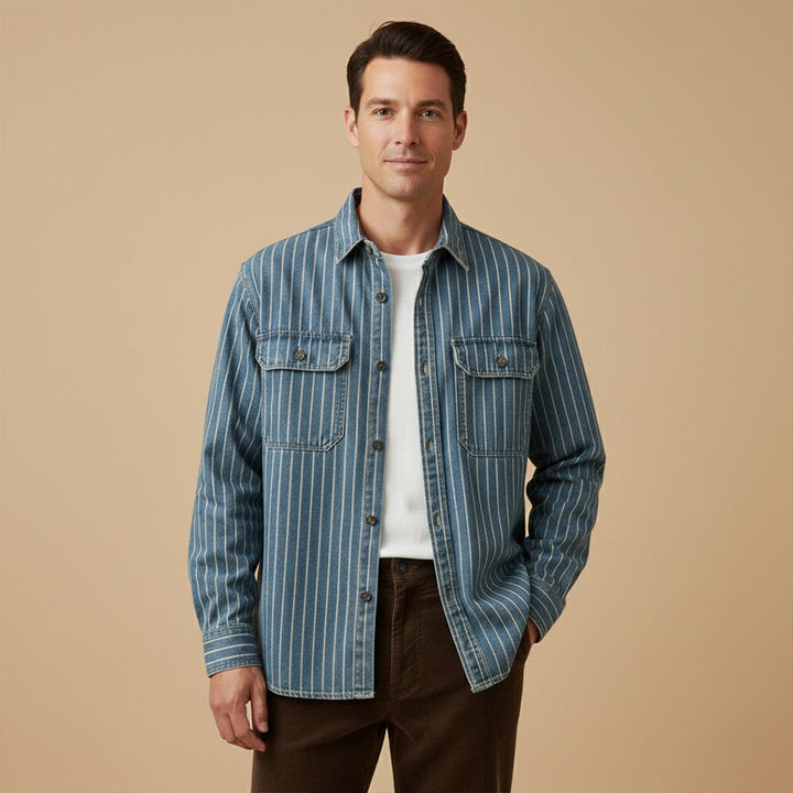 La chemise veste en denim à rayures verticales vintage lavée Oakcrest pour hommes – Bleu